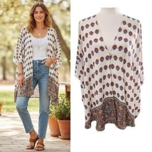Show Me Your Mumu Bali Kimono Women's Sz XS White Print One Button Short Sleeve